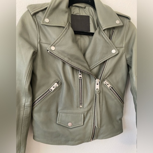 AllSaints Darnley Leather Biker Jacket Sage Green - Picture 4 of 10